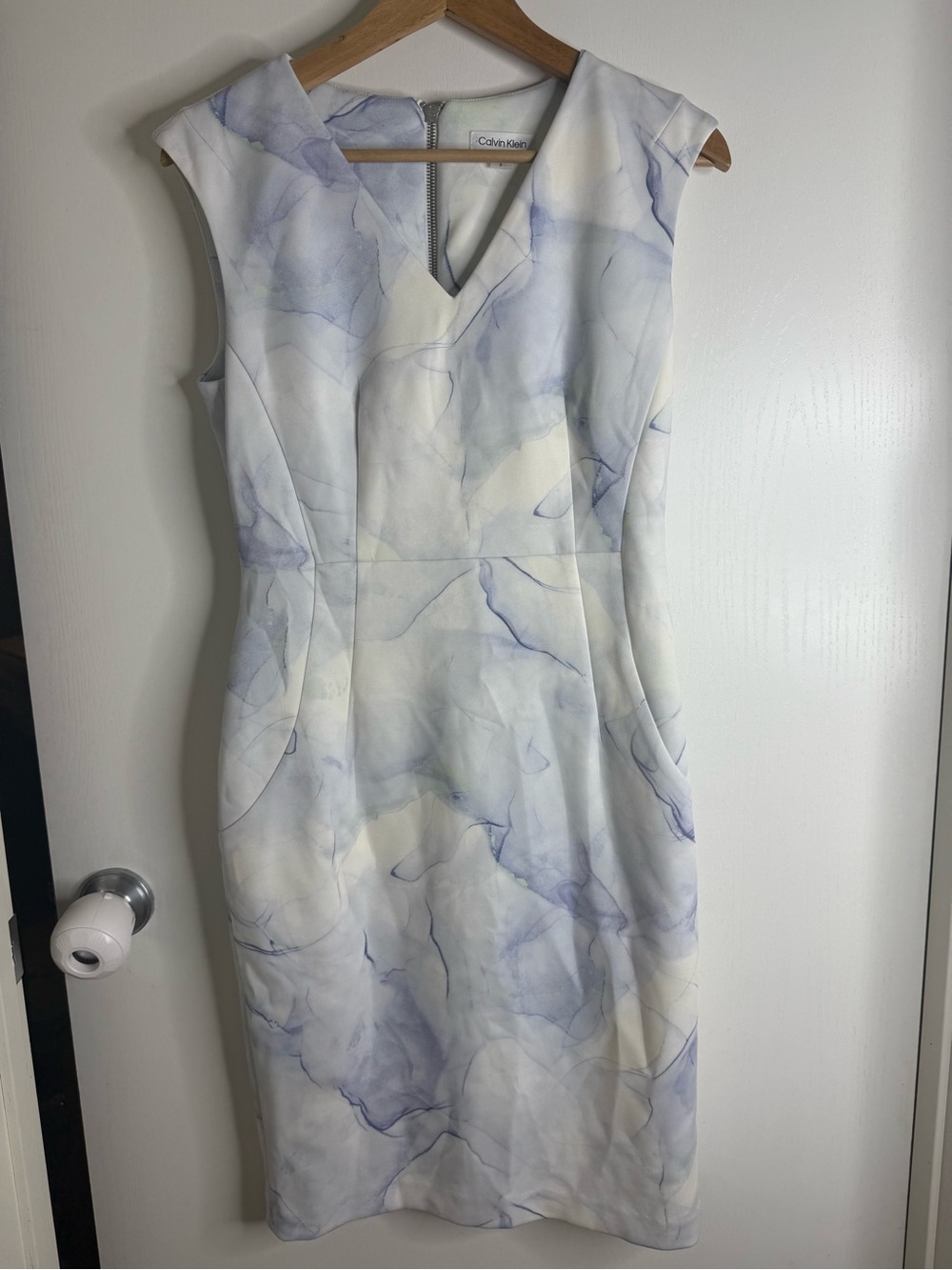 Calvin Klein Scuba V Neck Sleeveless White & Light Blue Marble Sheath Dress